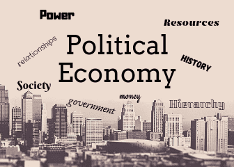 Political economy word graphic over a city skyline